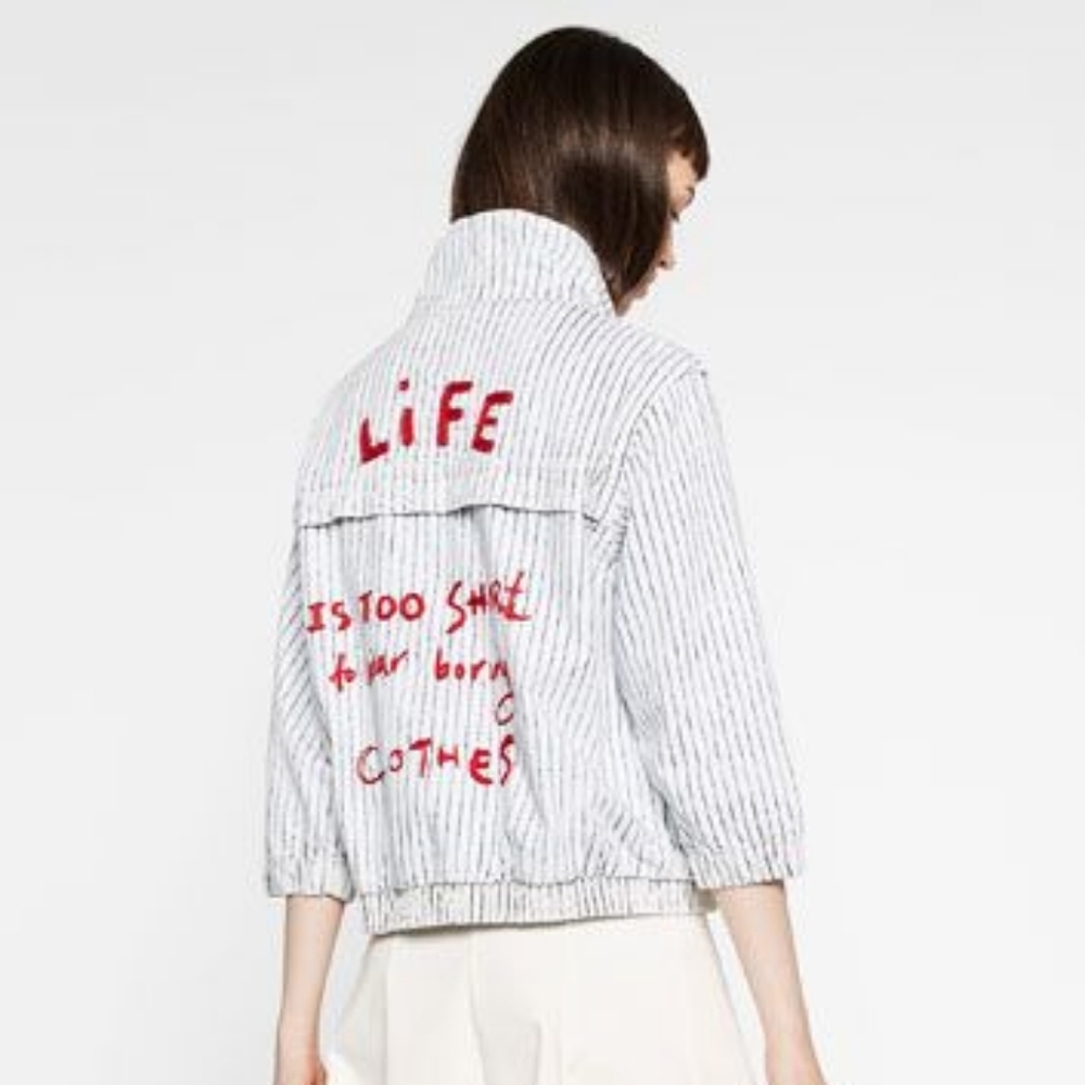 Zara Pinstripe Jacket with Embroidered Text